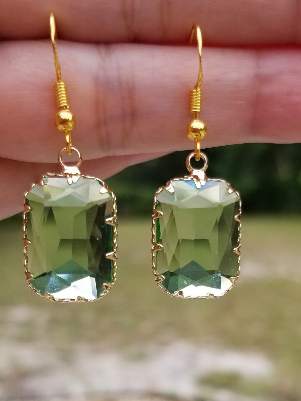 14k Gold Peridot Dangle Earrings, Rectangle Peridot Jewelry, Green Gemstone